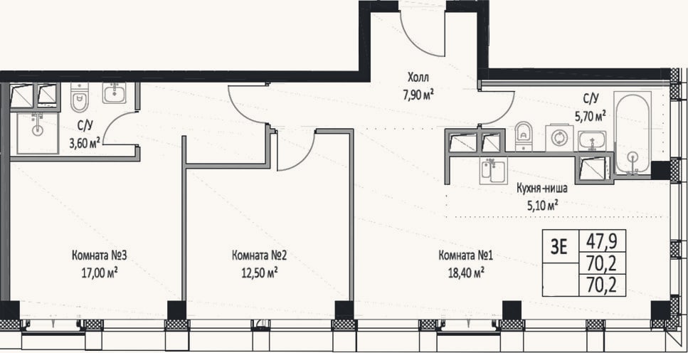 Планировка: 3-к, 70,2 м²