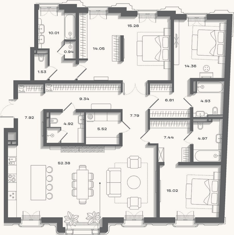 Планировка: 4+ к, 194,3 м²