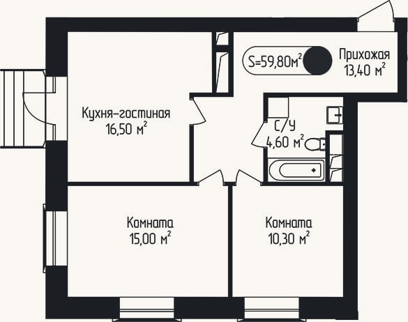 Планировка: 2-к, 59,8 м²