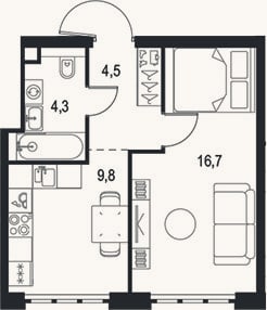 Планировка: 1-к, 35,3 м²
