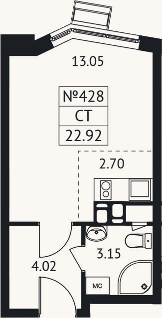 Планировка: Студия, 22,9 м²