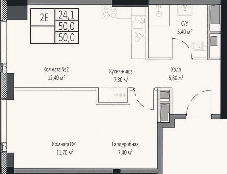 Планировка: 2-к, 50 м²