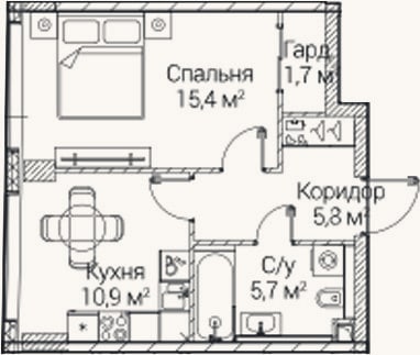 Планировка: 1-к, 39,5 м²