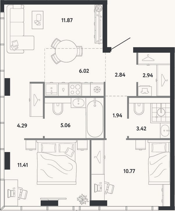 Планировка: 2-к, 60,6 м²