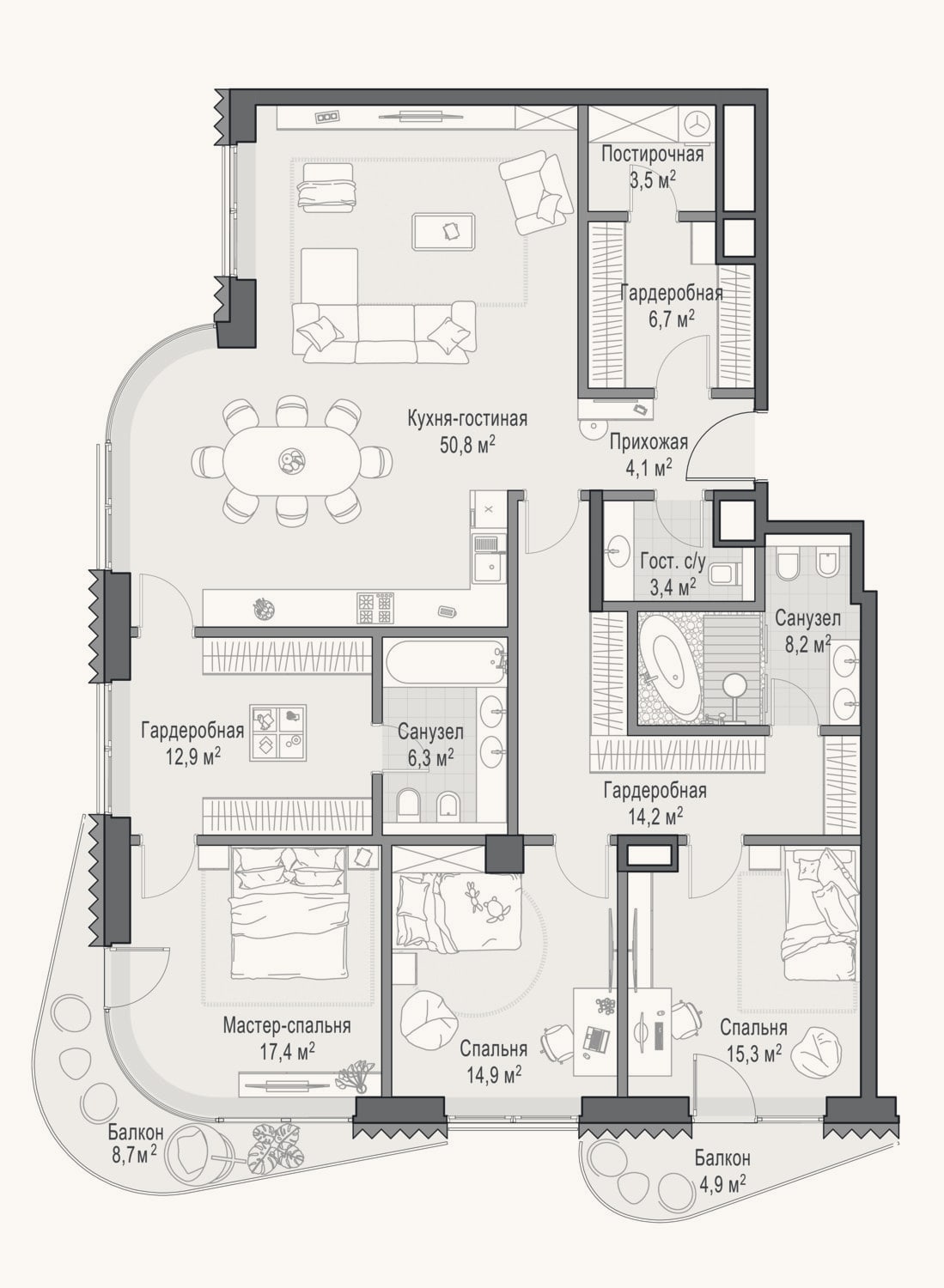 Планировка: 3-к, 157,9 м²