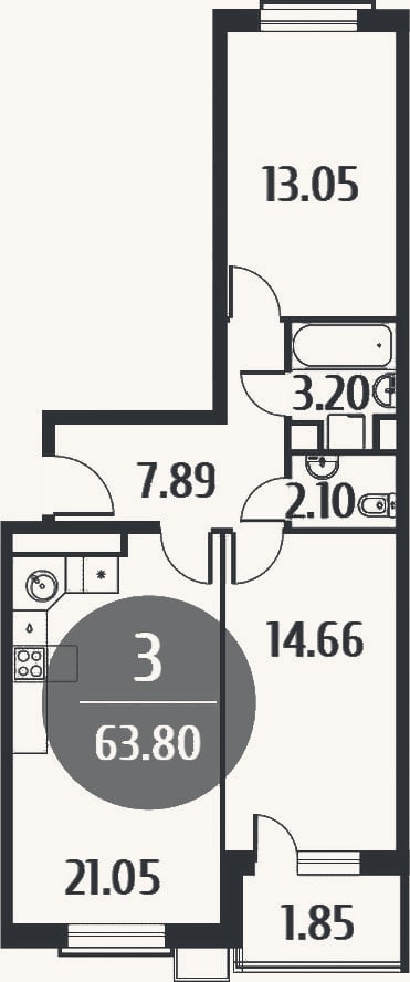 Планировка: 3-к, 61,7 м²