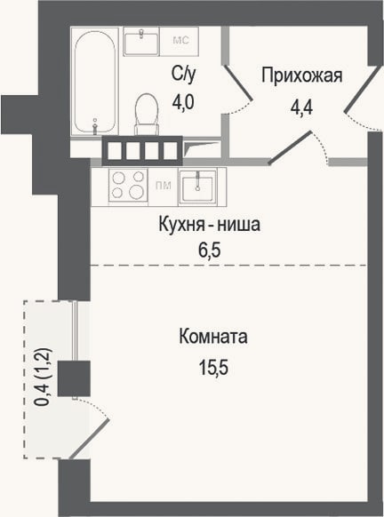 Планировка: Студия, 30,4 м²