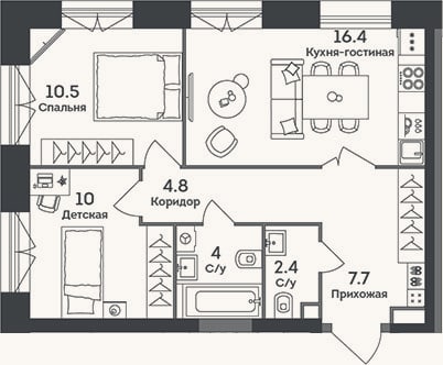 Планировка: 3-к, 55,8 м²