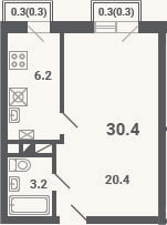 Планировка: 1-к, 29,8 м²