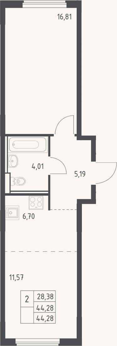 Планировка: 2-к, 44,3 м²