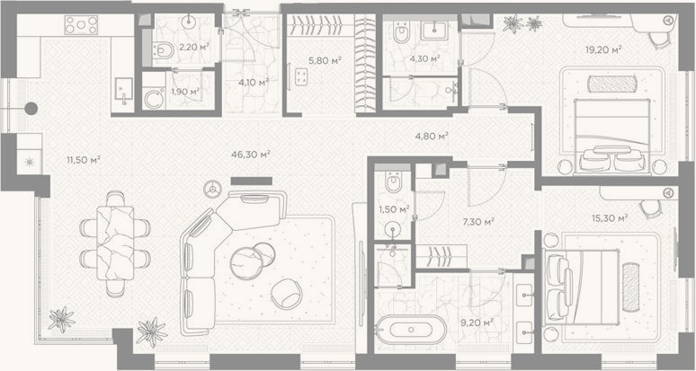 Планировка: 2-к, 133,4 м²