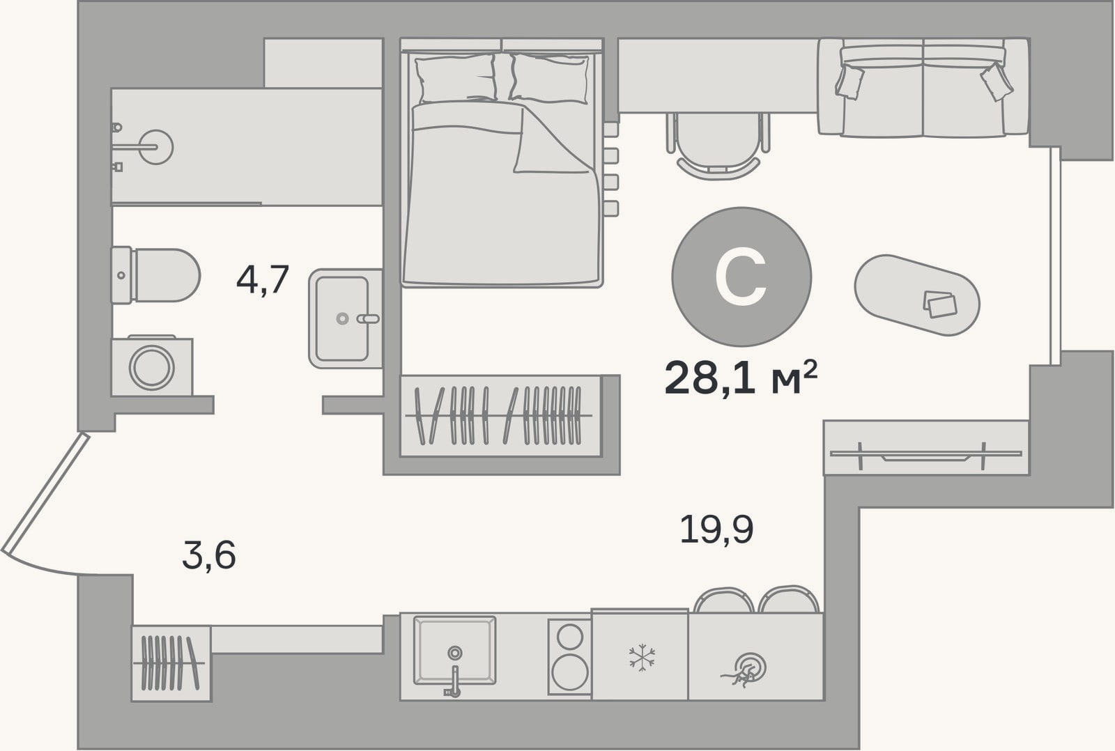 Планировка: Студия, 27,6 м²