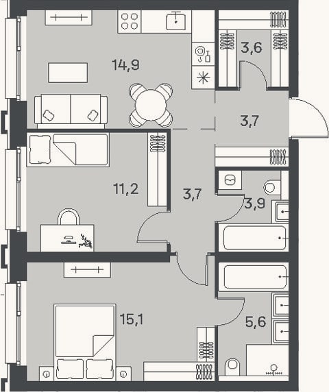 Планировка: 3-к, 61,7 м²