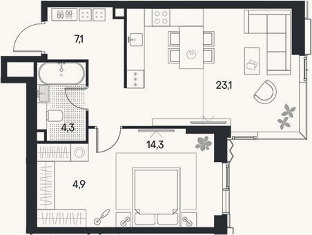 Планировка: 2-к, 53,6 м²
