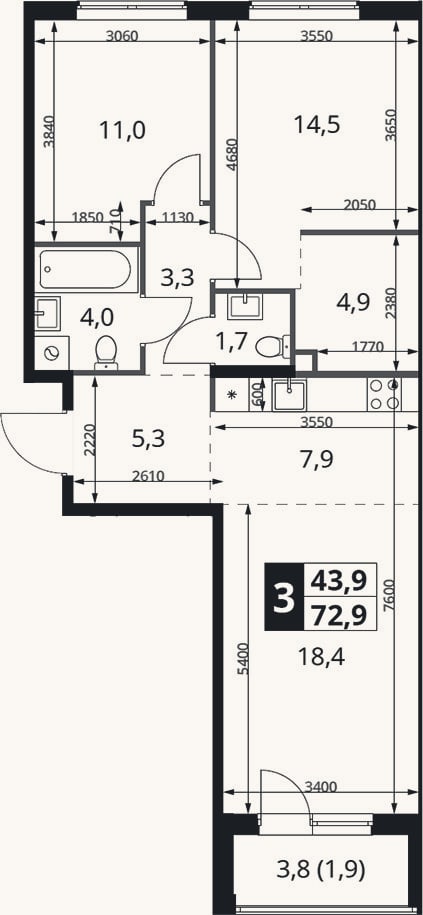 Планировка: 3-к, 71 м²