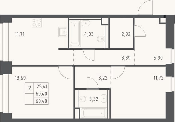 Планировка: 2-к, 60,4 м²