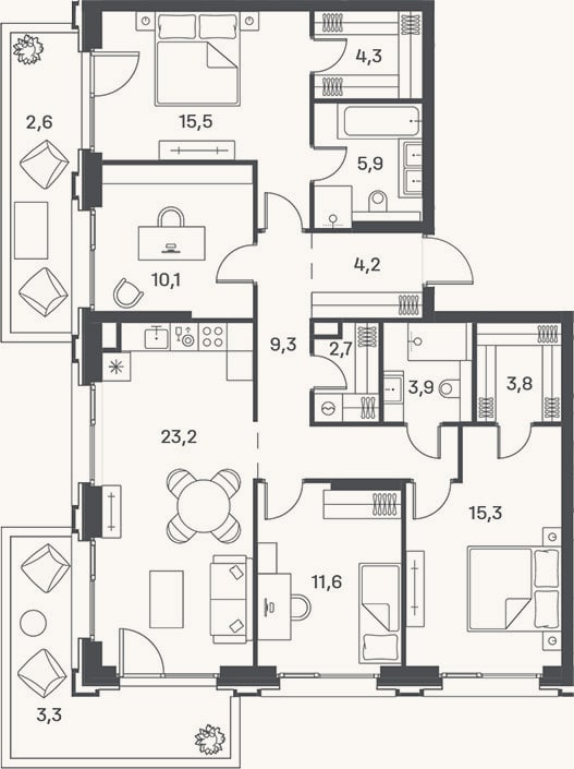 Планировка: 4+ к, 109,8 м²