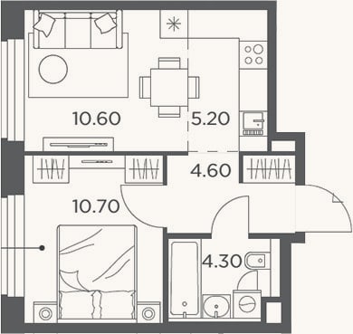 Планировка: 2-к, 35,4 м²