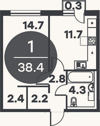 Планировка: 1-к, 38,1 м²