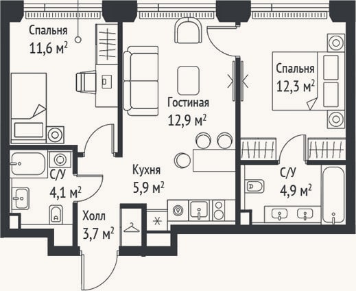 Планировка: 3-к, 55,5 м²