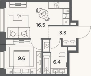 Планировка: 1-к, 35,8 м²