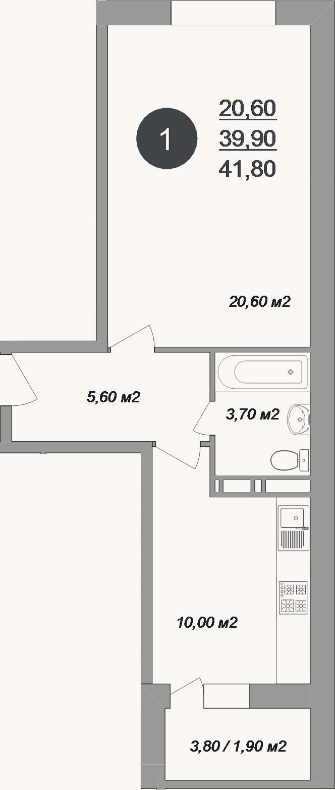 Планировка: 1-к, 39,9 м²