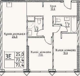 Планировка: 3-к, 70,4 м²