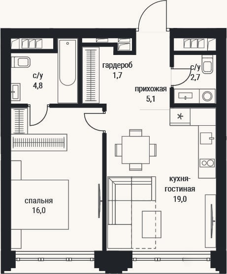 Планировка: 2-к, 49,3 м²