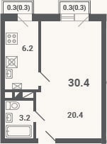 Планировка: 1-к, 29,8 м²