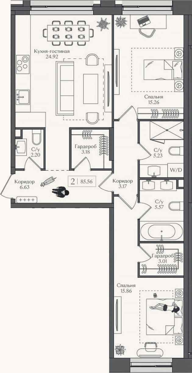 Планировка: 3-к, 85,6 м²