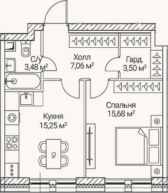 Планировка: 1-к, 45 м²