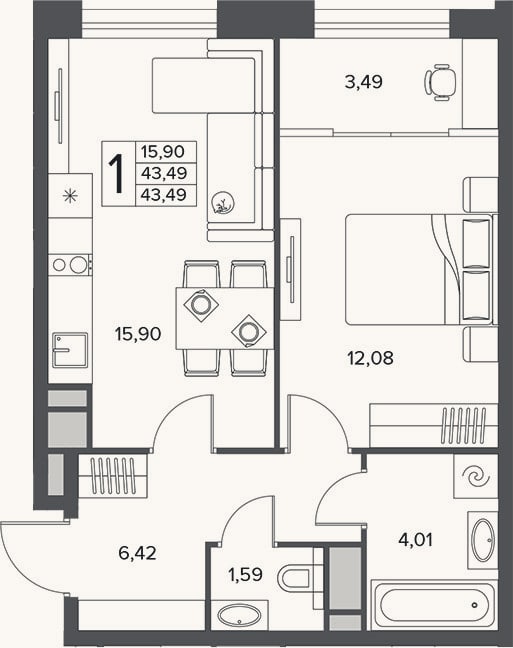 Планировка: 1-к, 43,5 м²