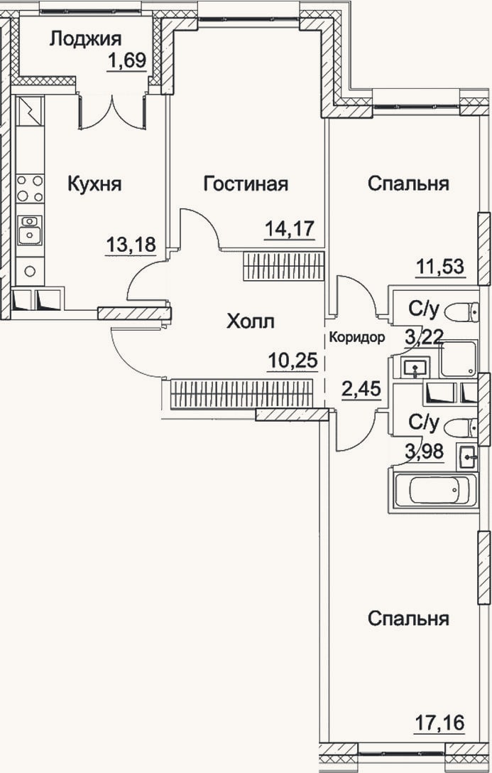 Планировка: 3-к, 75,9 м²