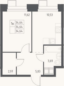 Планировка: 1-к, 34,6 м²