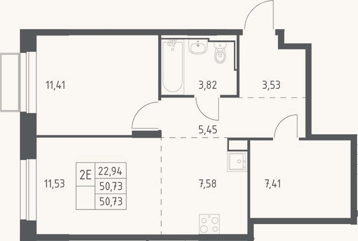Планировка: 2-к, 50,7 м²
