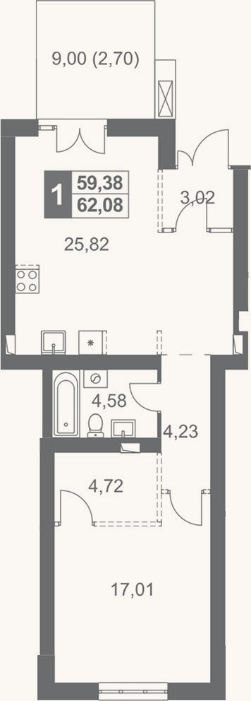 Планировка: 1-к, 59,4 м²