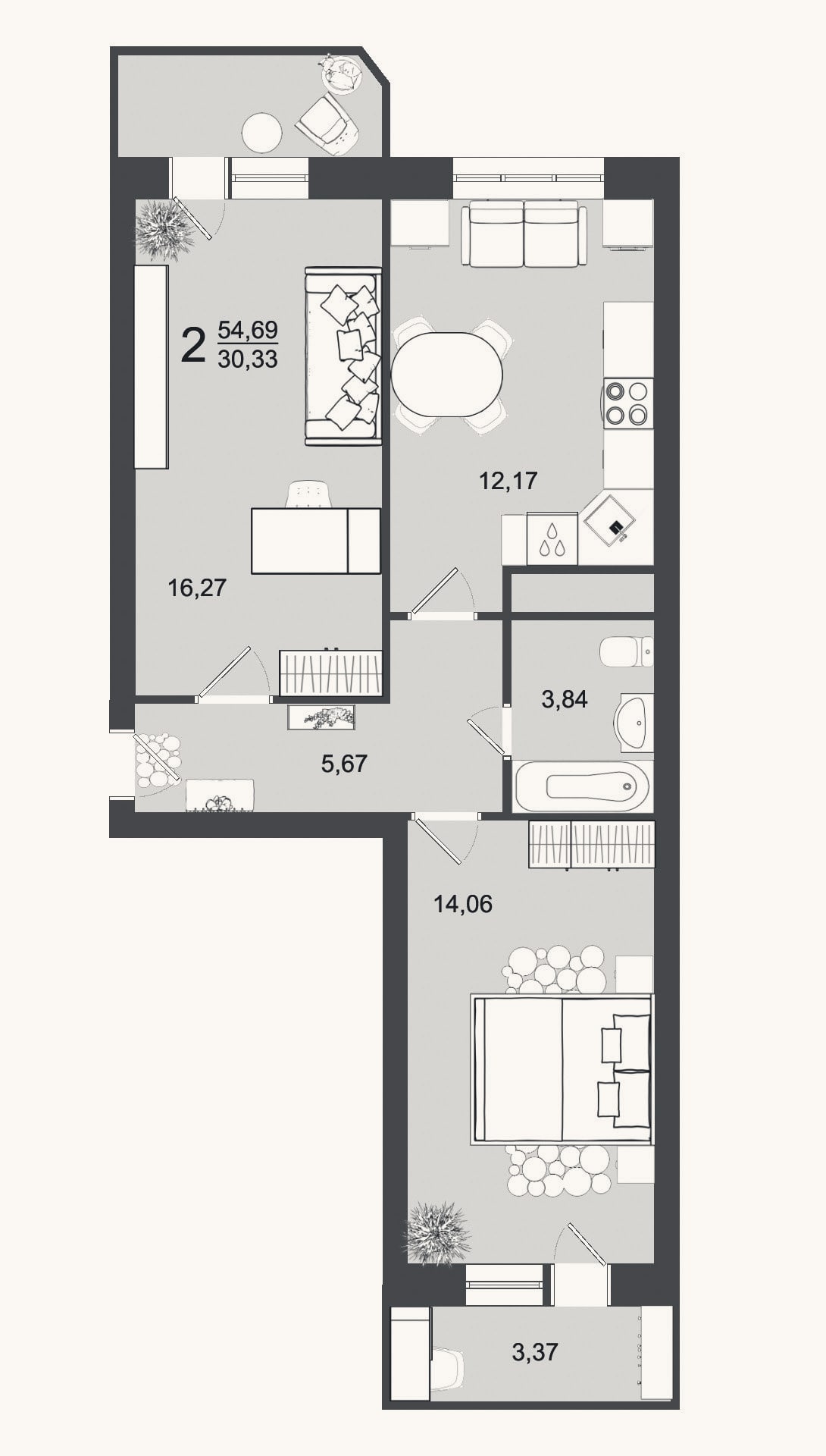 Планировка: 2-к, 52 м²