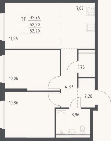 Планировка: 3-к, 52,2 м²