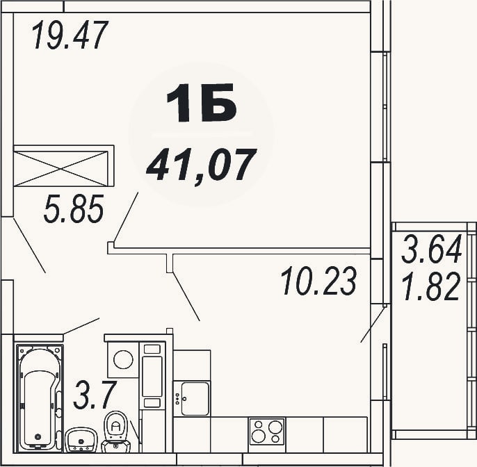 Планировка: 1-к, 39,3 м²