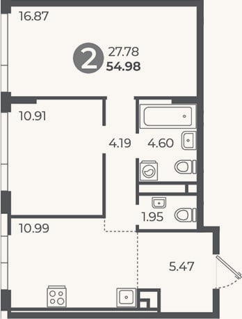 Планировка: 2-к, 55 м²