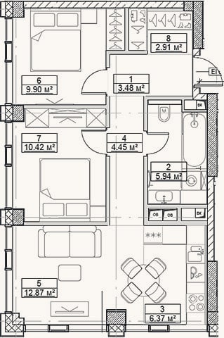 Планировка: 3-к, 56,3 м²