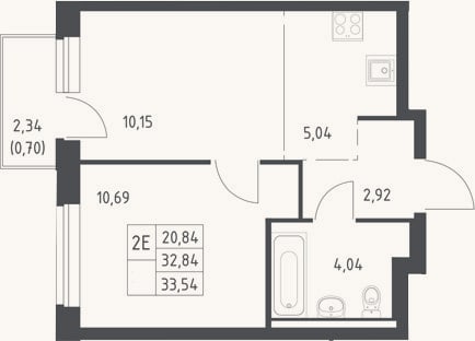 Планировка: 2-к, 32,8 м²