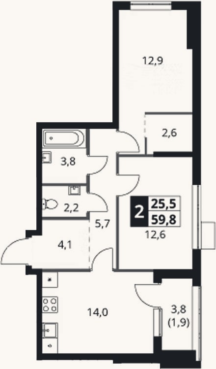 Планировка: 2-к, 57,9 м²