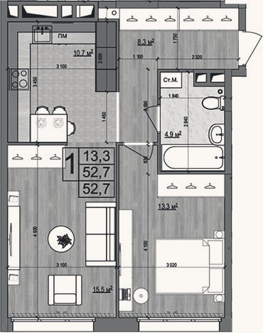 Планировка: 2-к, 52,7 м²