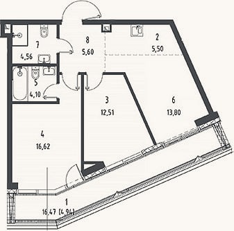 Планировка: 3-к, 63,4 м²