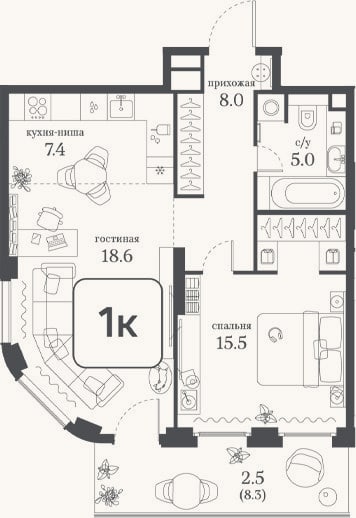 Планировка: 1-к, 54,5 м²