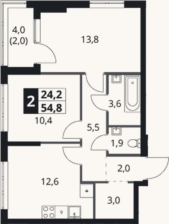 Планировка: 2-к, 52,8 м²