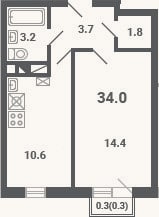 Планировка: 1-к, 33,7 м²