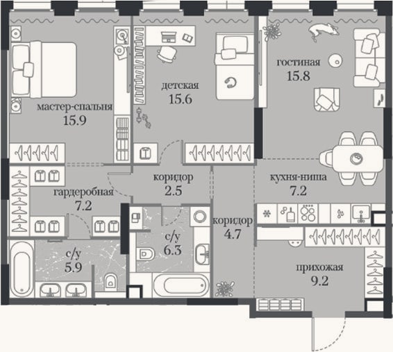 Планировка: 2-к, 90,3 м²
