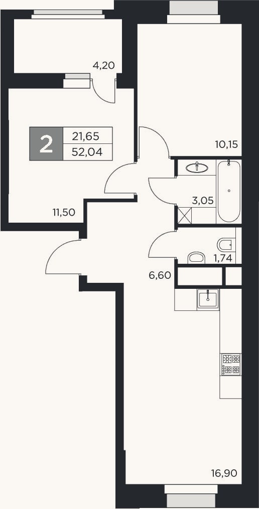Планировка: 3-к, 49,9 м²
